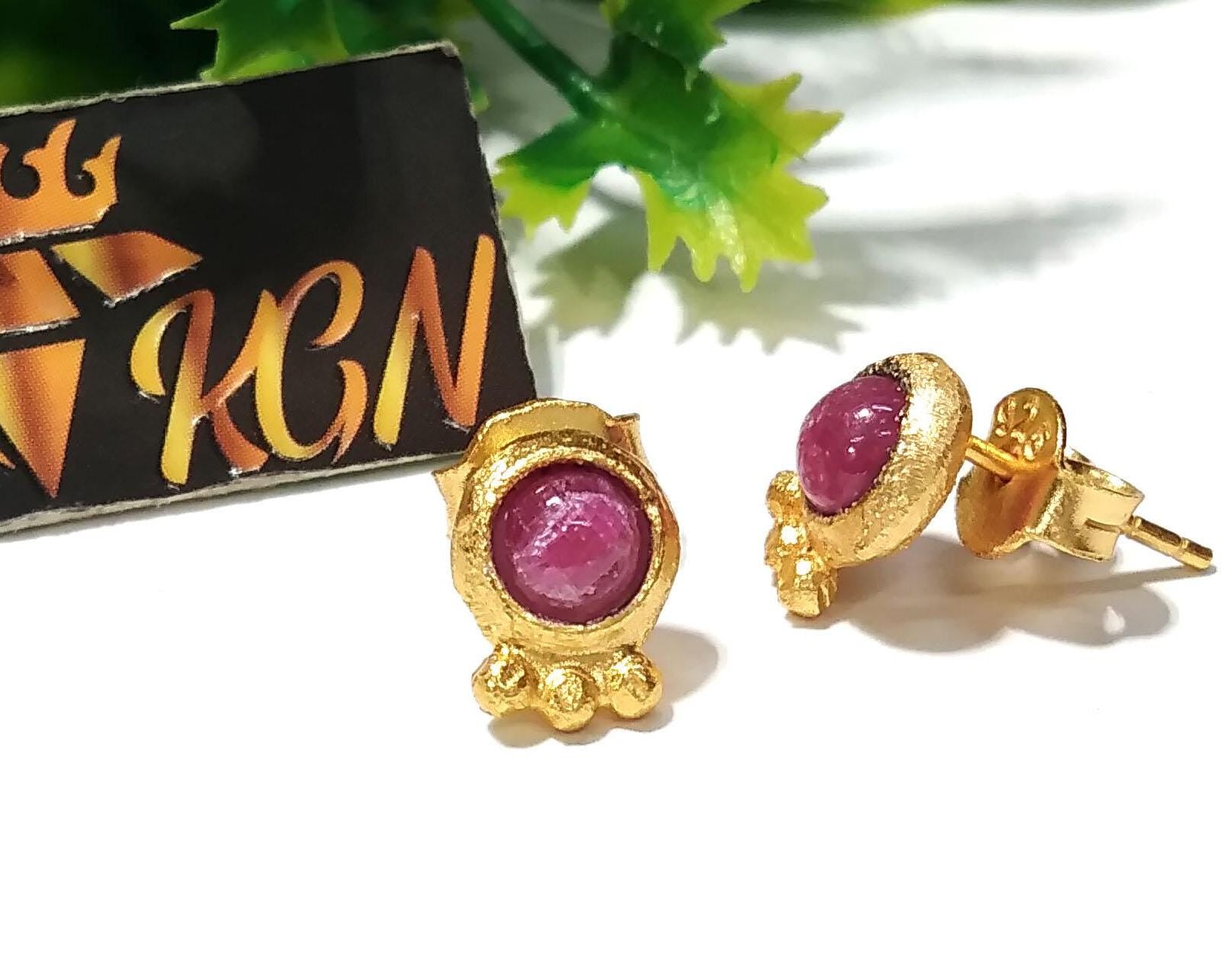 Red Ruby Studs Earring, 925 Sterling Silver Gold Plated Earring, Natural Red Ruby Studs Earring, Unique Studs Earring, Gift For Girls/Women